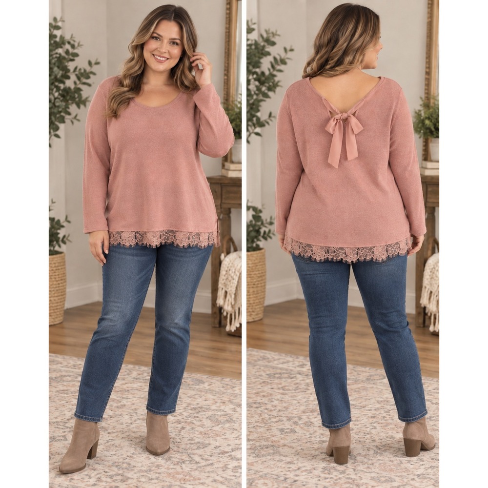 LC Lauren Conrad Women's XL Pink Bow Back Lace Hem Sweater Romantic Coquette